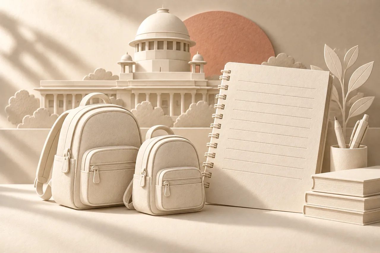 School bags and a household expense ledger in ivory paper relief, with the Supreme Court of India dome behind.