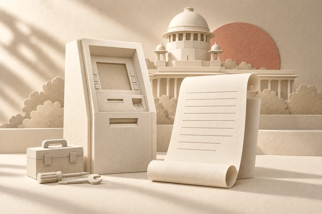 An ATM, contract and toolbox in ivory paper relief, with the Supreme Court of India dome behind.