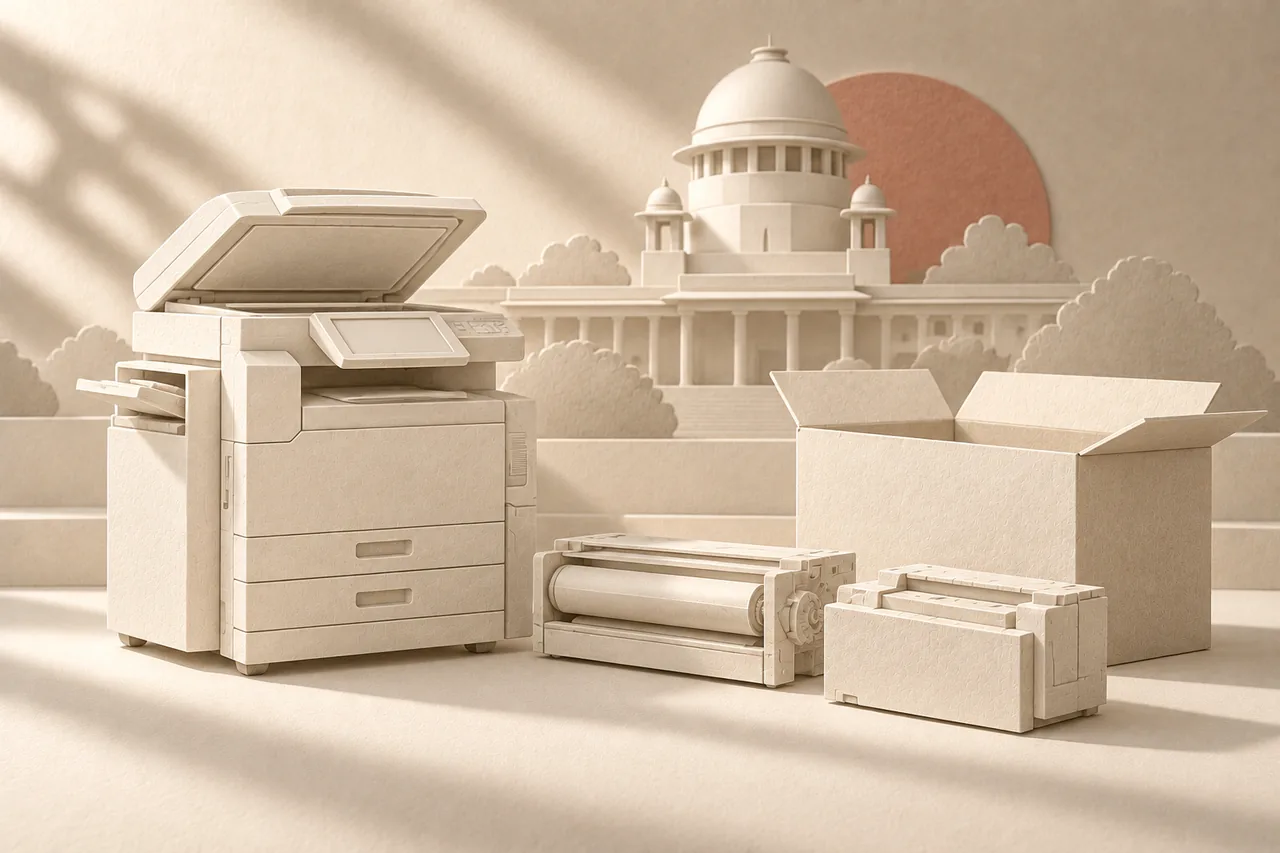 A photocopier, components and carton in ivory paper relief, with the Supreme Court of India dome behind.