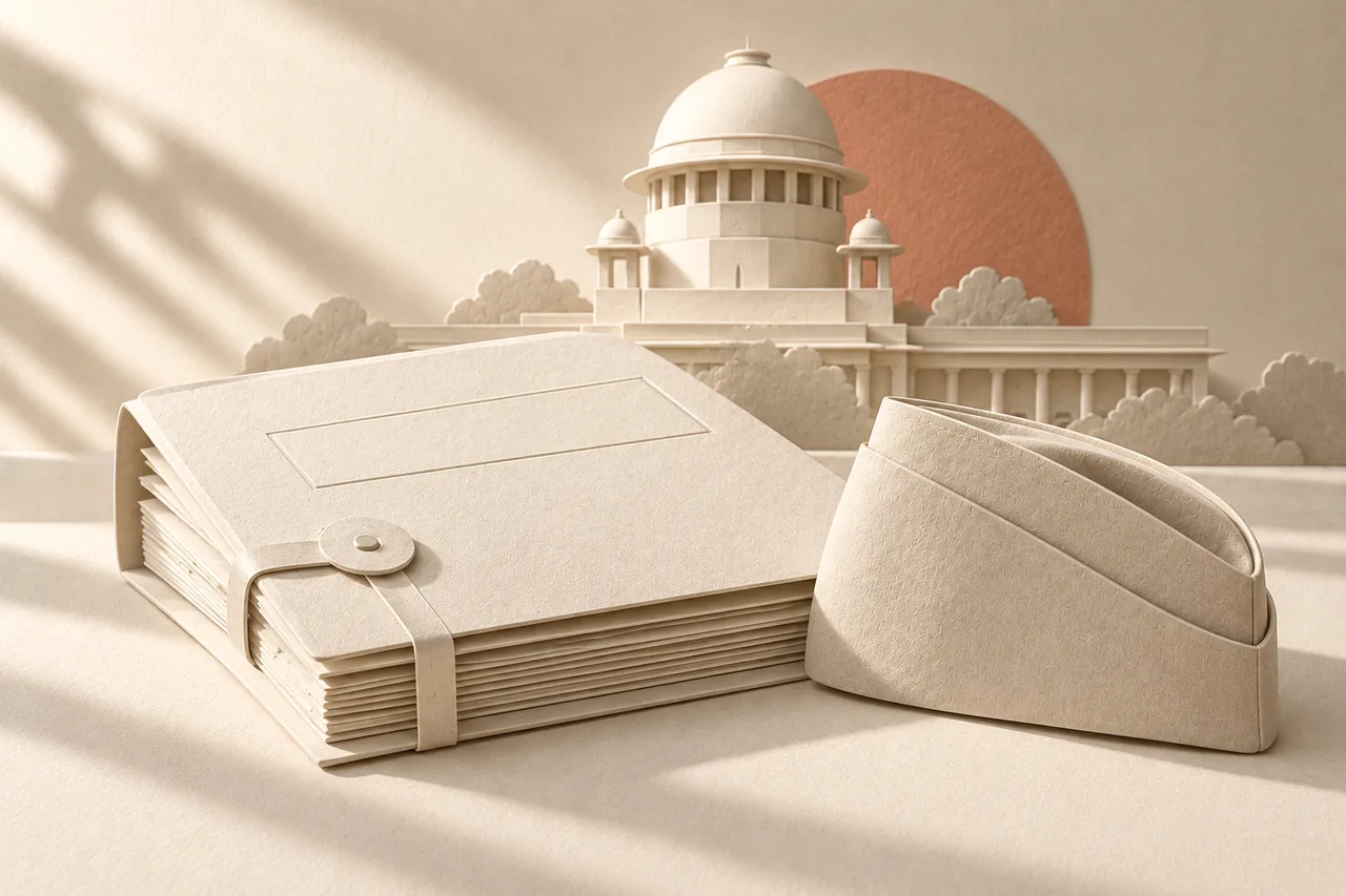 A service file and plain military cap in ivory paper relief, with the Supreme Court of India dome behind.