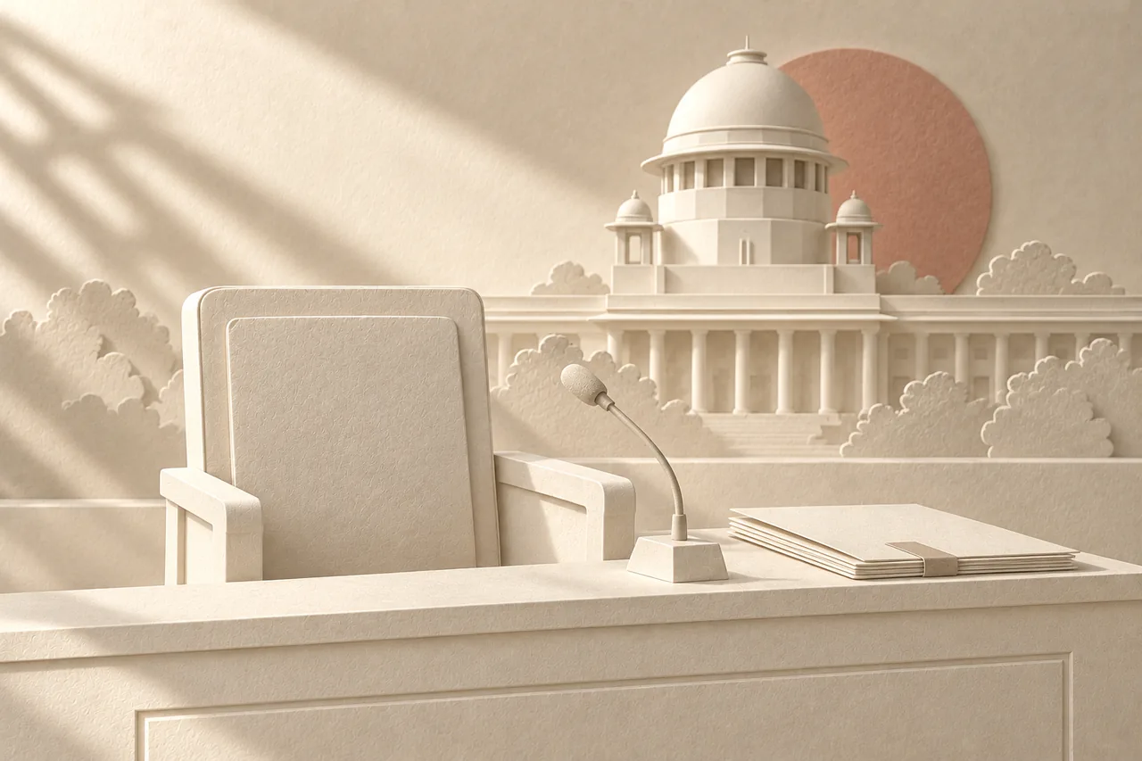 An empty witness chair, microphone and case file in ivory paper relief, with the Supreme Court of India dome behind.