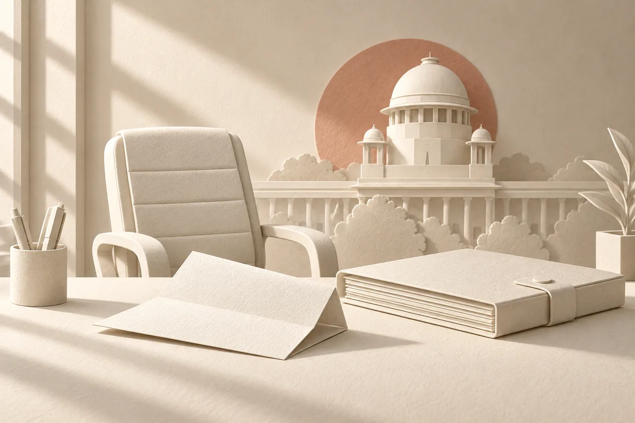 A resignation letter, office chair and personnel file in ivory paper relief, with the Supreme Court of India dome behind.