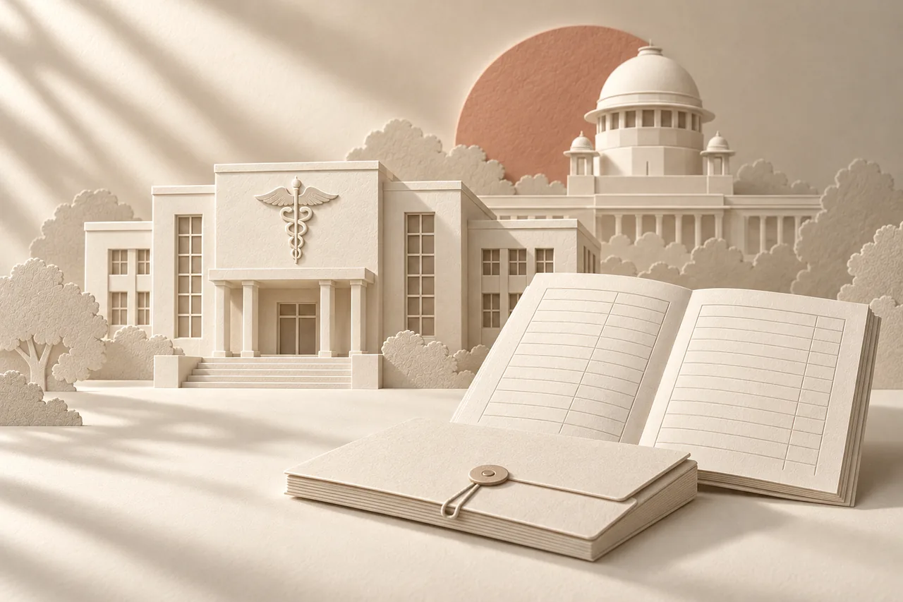 A medical college and funding ledger in ivory paper relief, with the Supreme Court of India dome behind.