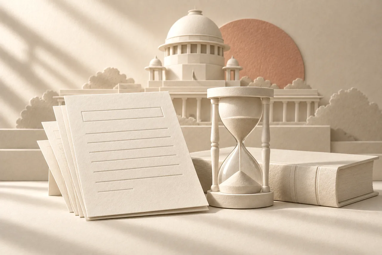 Invoices, an hourglass and business ledger in ivory paper relief, with the Supreme Court of India dome behind.