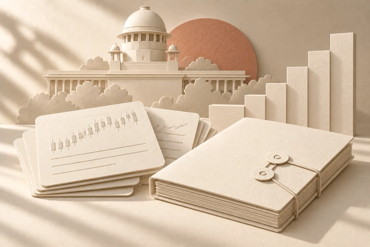 Transaction cards, a confidential file and abstract graph in ivory paper relief, with the Supreme Court of India dome behind.