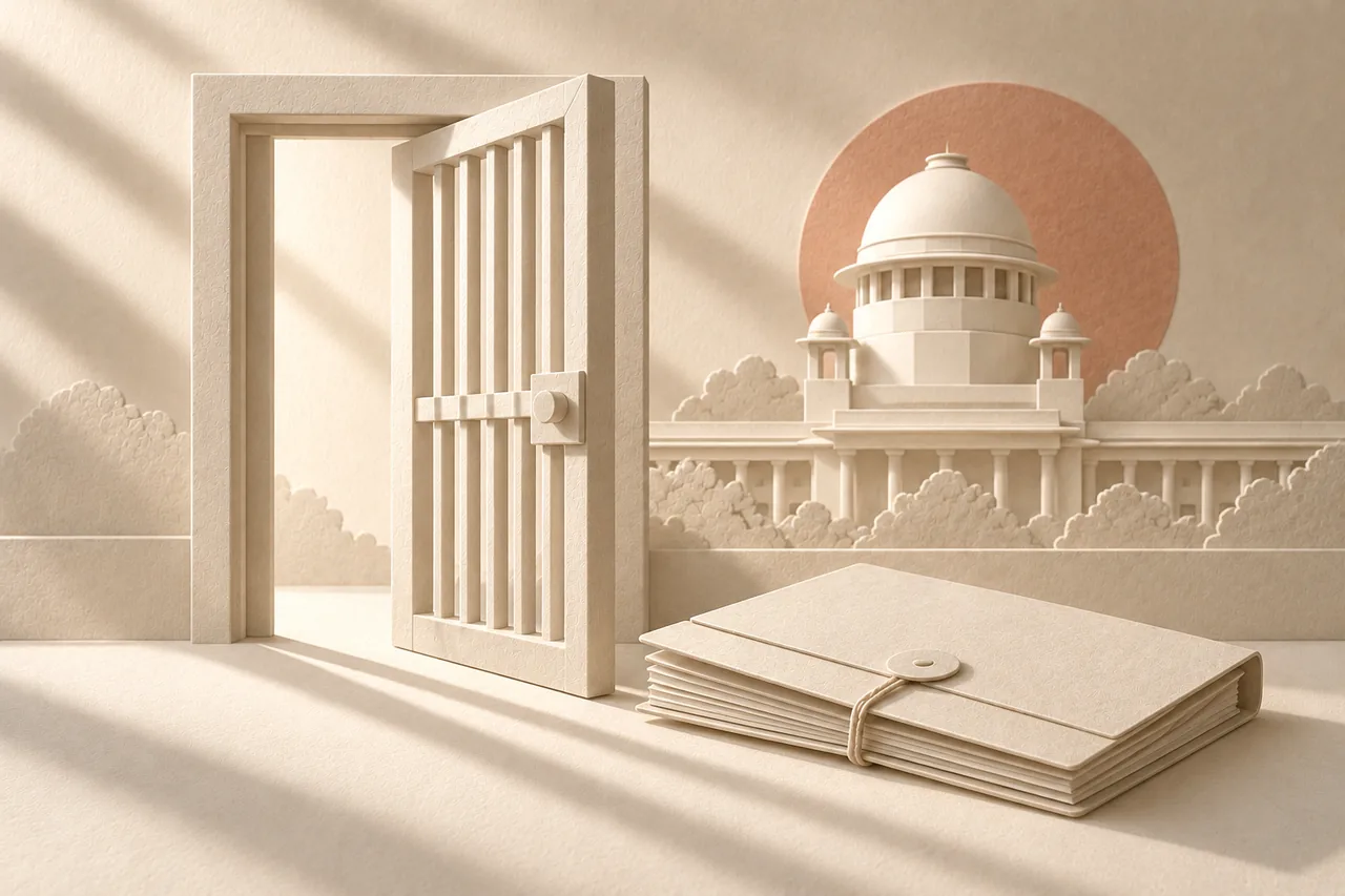 An open barred doorway and case file in ivory paper relief, with the Supreme Court of India dome behind.
