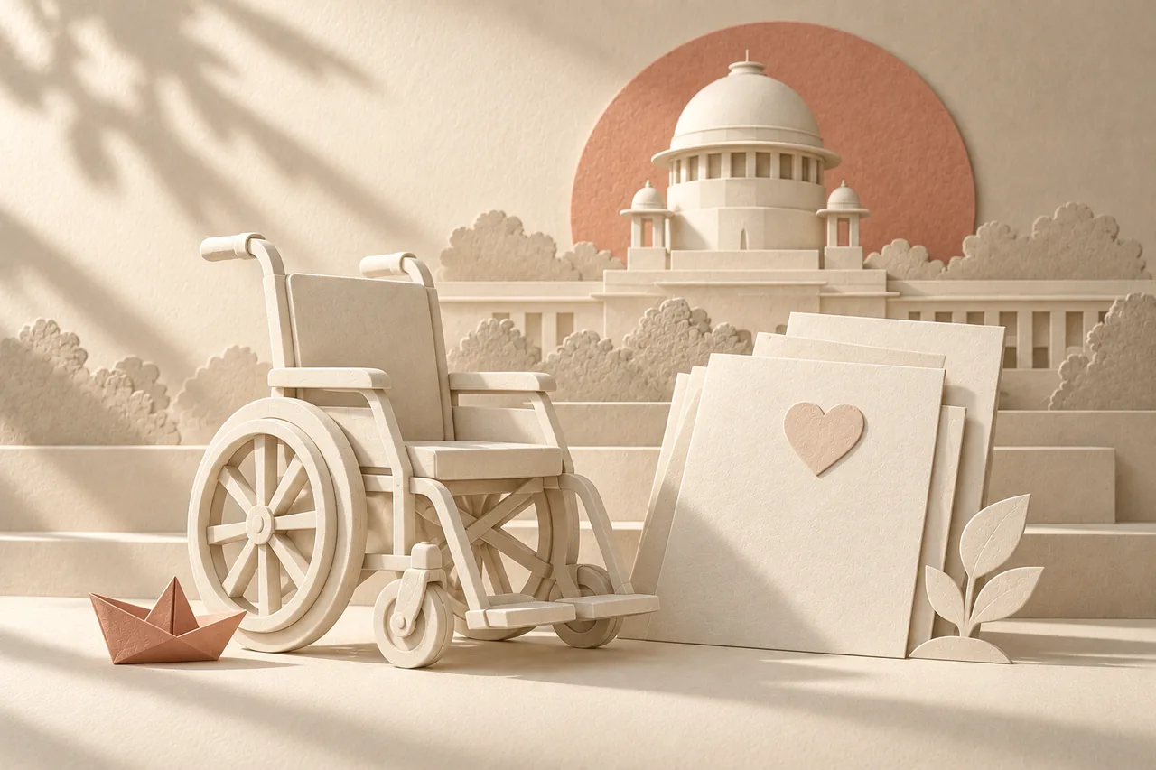 An empty child’s wheelchair, toy and care papers in ivory paper relief, with the Supreme Court of India dome behind.