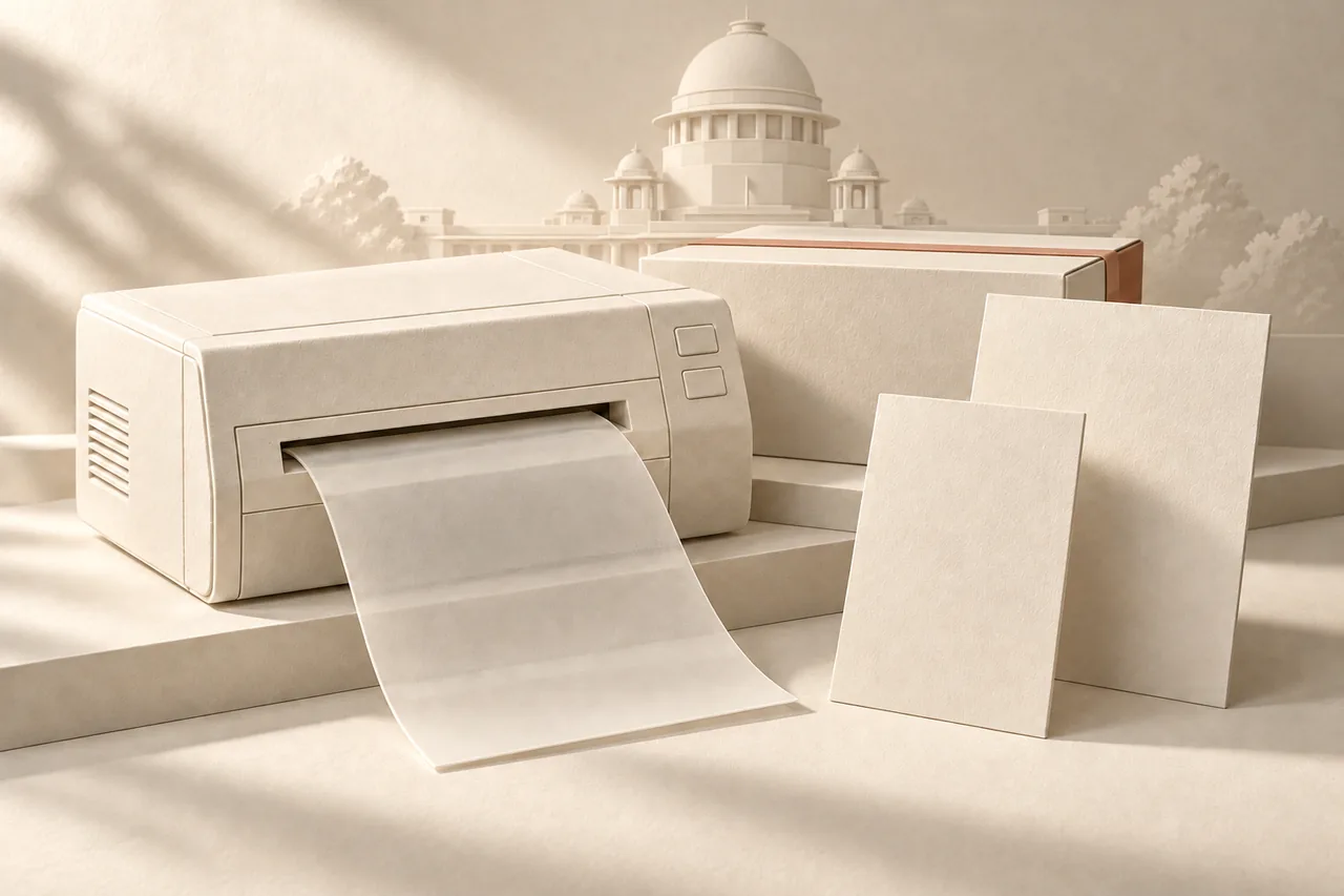 A medical film printer, film and shipping carton in ivory paper relief, with the Supreme Court of India dome behind.