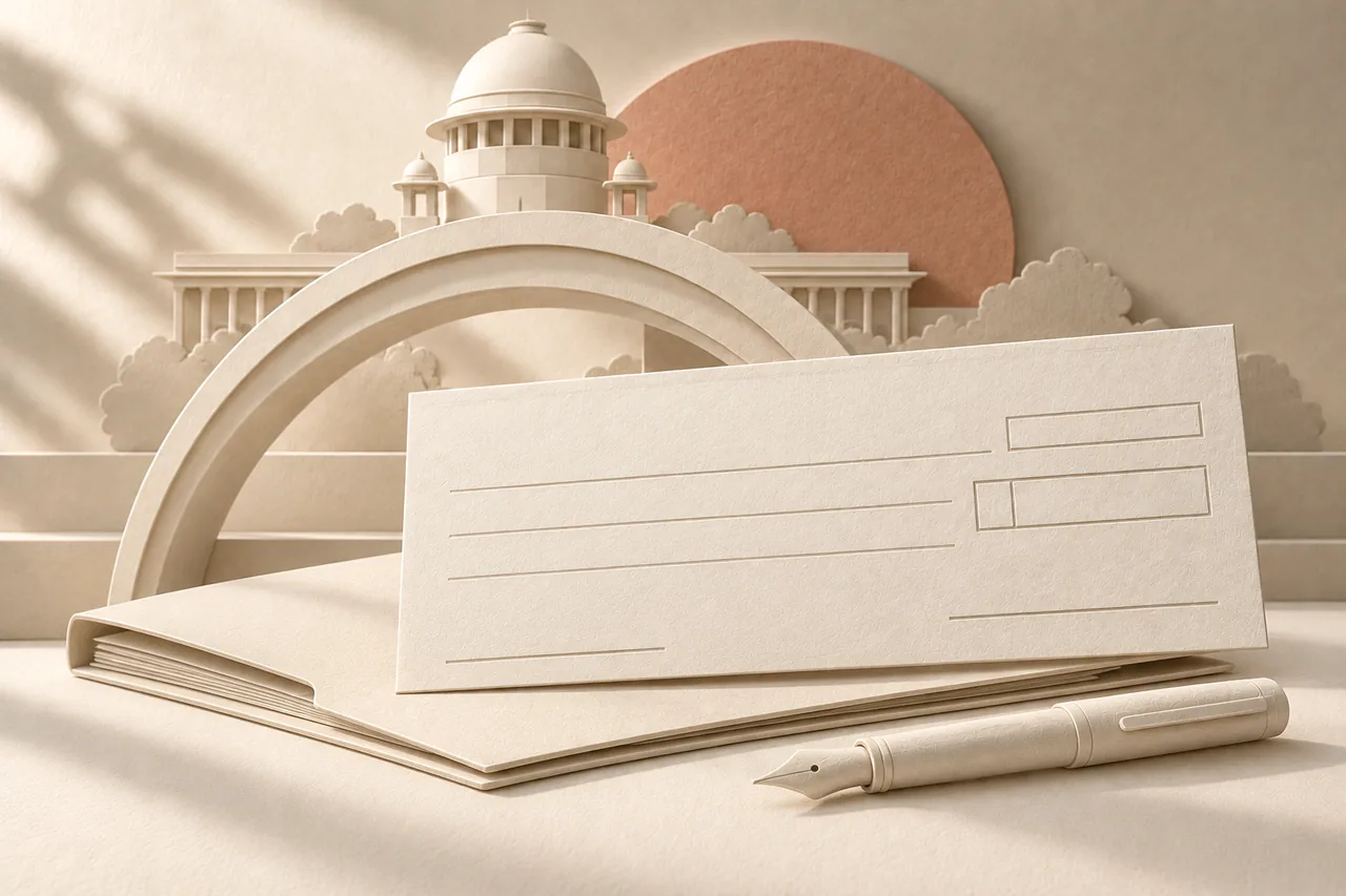 A blank cheque, pen and case file in ivory paper relief, with the Supreme Court of India dome behind.