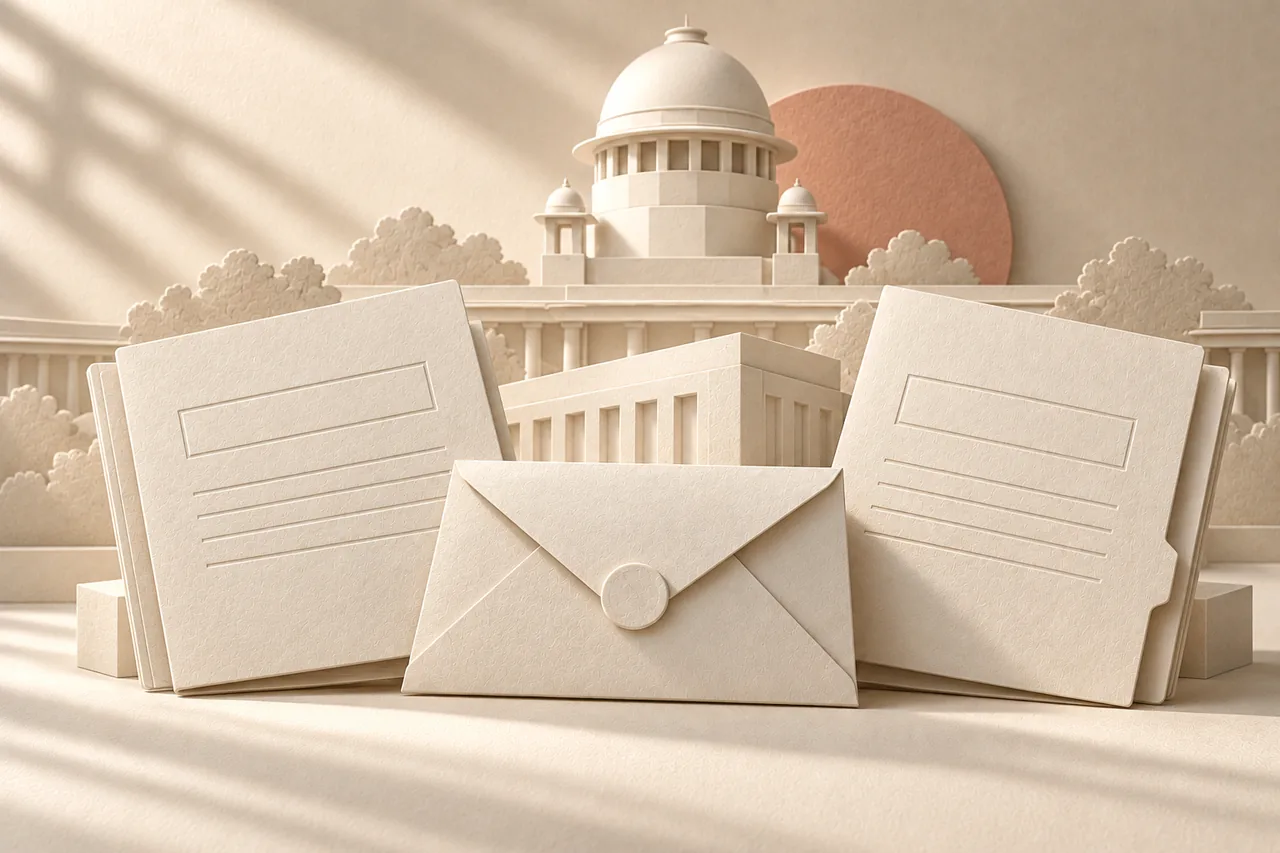 Contract folders, a security envelope and construction block in ivory paper relief, with the Supreme Court of India dome behind.