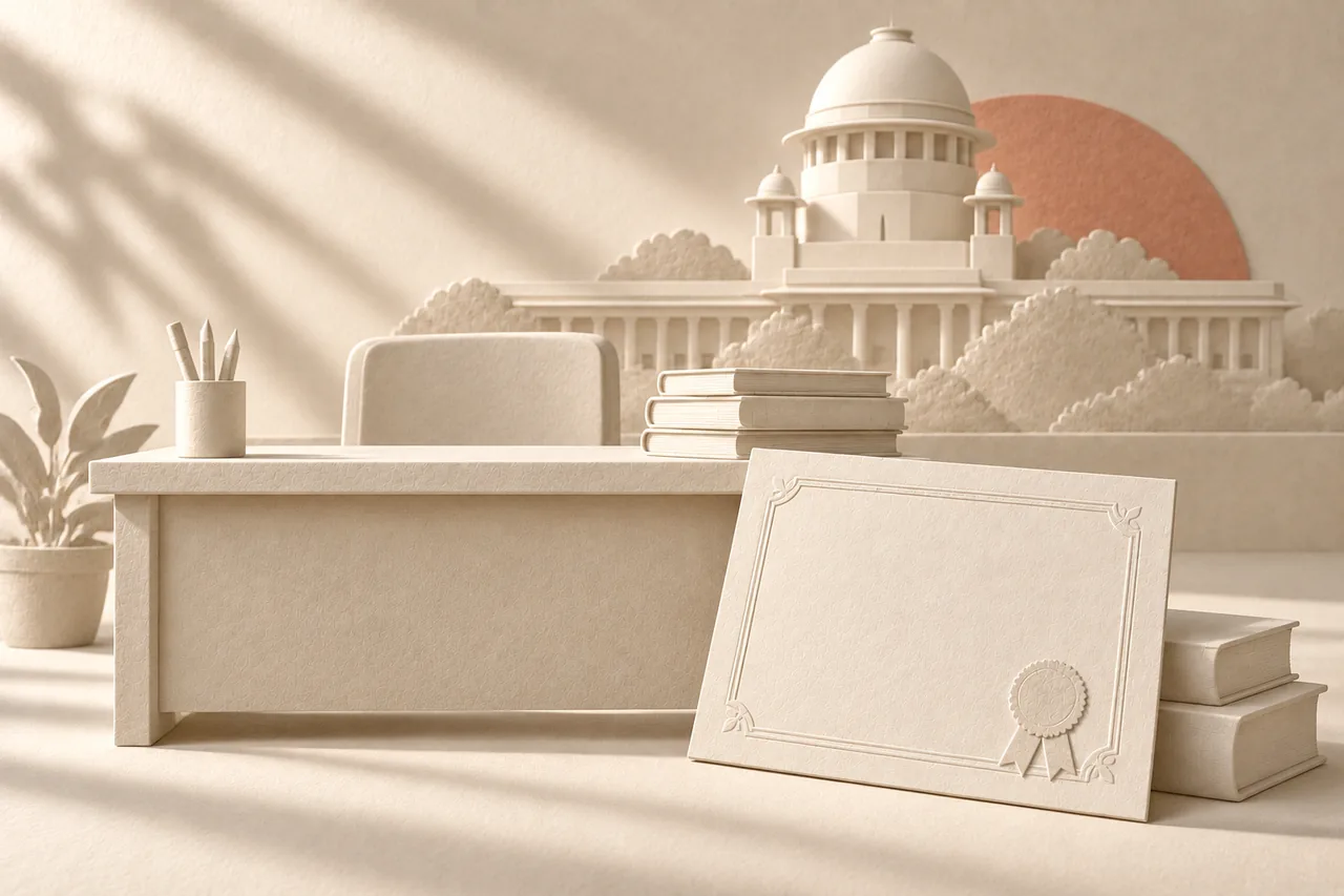 School books, a qualification certificate and teacher’s desk in ivory paper relief, with the Supreme Court of India dome behind.