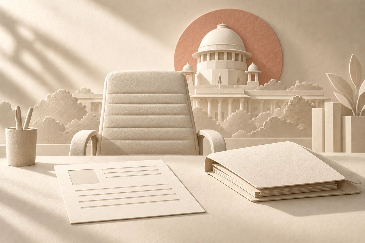 An empty work chair and personnel records in ivory paper relief, with the Supreme Court of India dome behind.